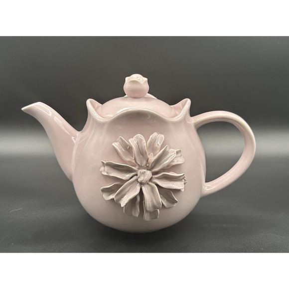 Unbranded Other - Lavender Ceramic Teapot 3D Floral Applique Scalloped Rim Vintage Pastel 6.5in